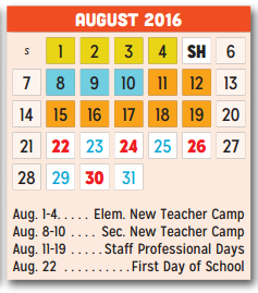 District School Academic Calendar for Shands Elementary for August 2016