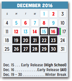 District School Academic Calendar for Agnew Middle School for December 2016