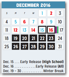 District School Academic Calendar for P A S S Learning Ctr for December 2016