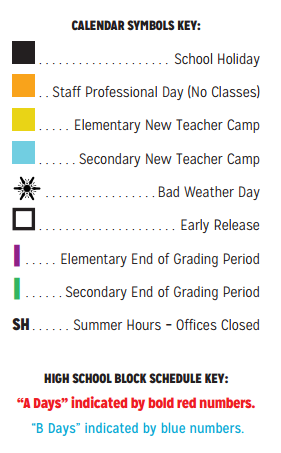 District School Academic Calendar Legend for Pirrung Elementary