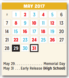 District School Academic Calendar for P A S S Learning Ctr for May 2017