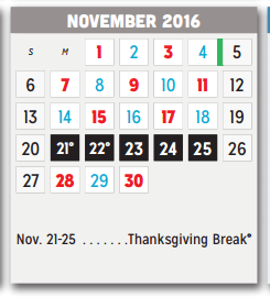 District School Academic Calendar for P A S S Learning Ctr for November 2016