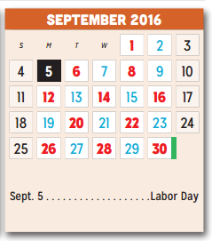 District School Academic Calendar for New Middle School for September 2016