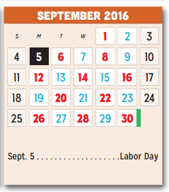 District School Academic Calendar for P A S S Learning Ctr for September 2016