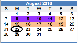District School Academic Calendar for Irvin Elementary for August 2016