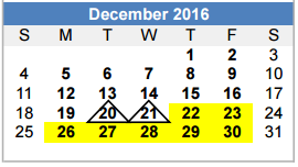 District School Academic Calendar for J A Vitovsky Elementary for December 2016