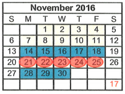 District School Academic Calendar for Woodway Elementary for November 2016