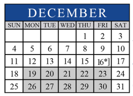 District School Academic Calendar for Memorial Elementary for December 2016
