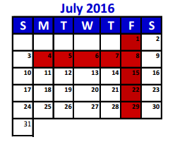 District School Academic Calendar for The Learning Ctr for July 2016