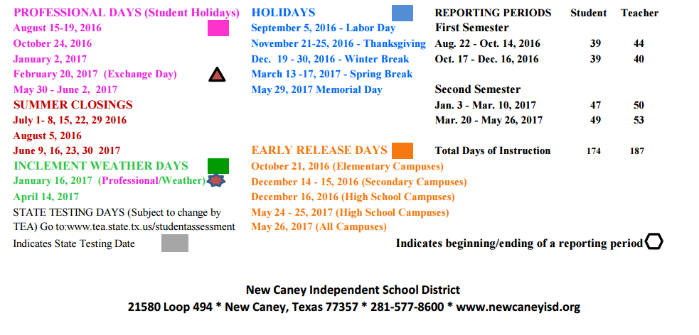 District School Academic Calendar Key for New Caney High School