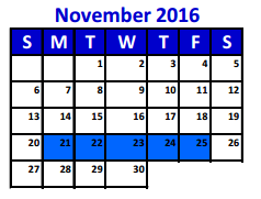District School Academic Calendar for Project Restore for November 2016