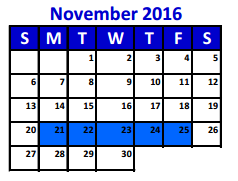 District School Academic Calendar for New Caney Sp Ed for November 2016