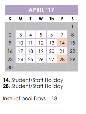 District School Academic Calendar for Canyon Ridge Elementary School for April 2017