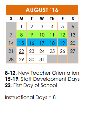 District School Academic Calendar for International School Of America for August 2016