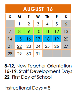 District School Academic Calendar for Academy Of Creative Ed for August 2016