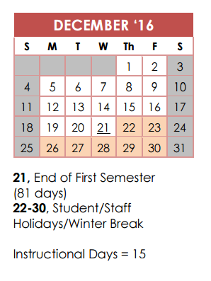 District School Academic Calendar for Steubing Ranch Elementary School for December 2016