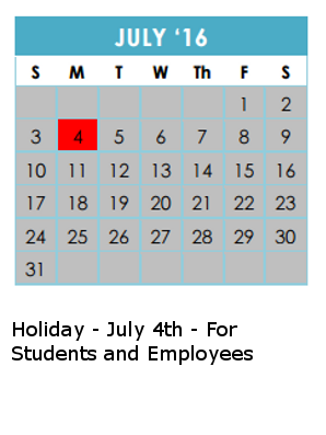 District School Academic Calendar for Walzem Elementary School for July 2016