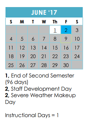 District School Academic Calendar for Northern Hills Elementary School for June 2017