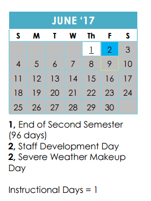 District School Academic Calendar for Regency Place Elementary School for June 2017