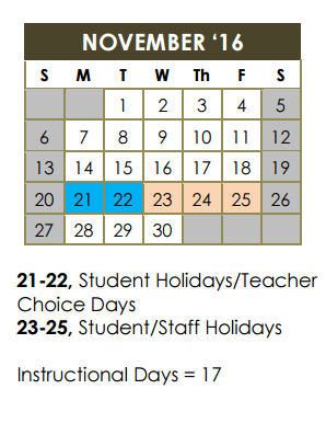 District School Academic Calendar for Children's Intervention for November 2016