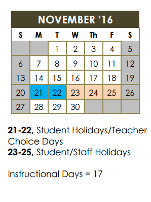 District School Academic Calendar for International School Of America for November 2016