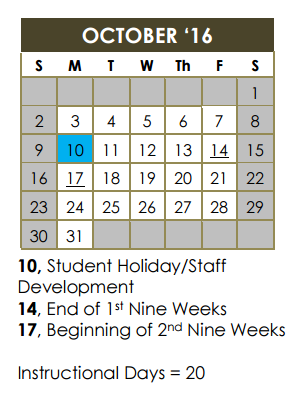 District School Academic Calendar for Alter High School for October 2016