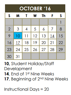 District School Academic Calendar for International School Of America for October 2016