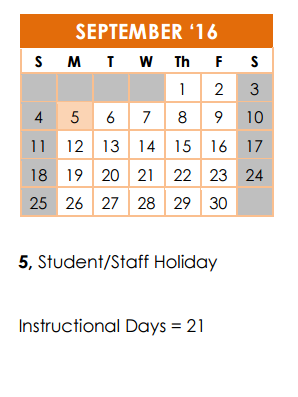 District School Academic Calendar for Academy Of Creative Ed for September 2016