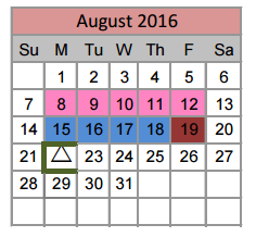 District School Academic Calendar for Denton Co J J A E P for August 2016