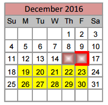 District School Academic Calendar for Kay Granger Elementary for December 2016