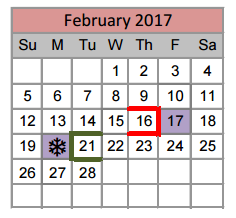 District School Academic Calendar for Denton Co J J A E P for February 2017