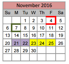 District School Academic Calendar for Denton Co J J A E P for November 2016