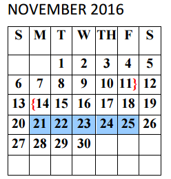 District School Academic Calendar for PSJA Memorial High School for November 2016