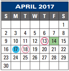 District School Academic Calendar for Excel Academy (jjaep) for April 2017