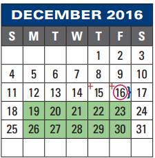 District School Academic Calendar for South Shaver Elementary for December 2016