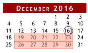 District School Academic Calendar for Brazoria Co J J A E P for December 2016