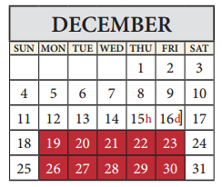 District School Academic Calendar for Delco Primary School for December 2016