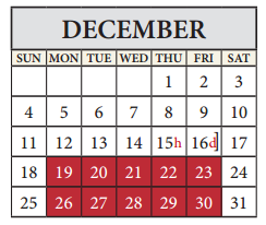 District School Academic Calendar for Pflugerville High School for December 2016