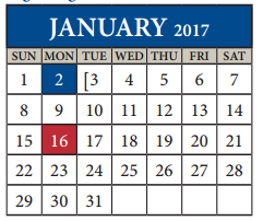 District School Academic Calendar for Delco Primary School for January 2017