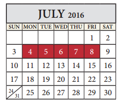 District School Academic Calendar for Pflugerville Middle for July 2016