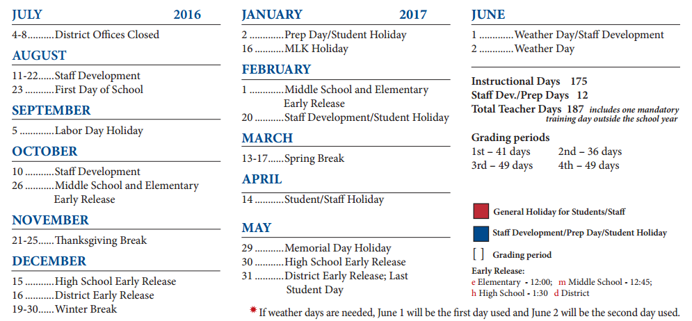 District School Academic Calendar Key for Alter Learning Middle