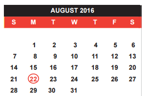 District School Academic Calendar for Itinerant Sp Ed for August 2016