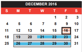 District School Academic Calendar for Hospital/homebound for December 2016