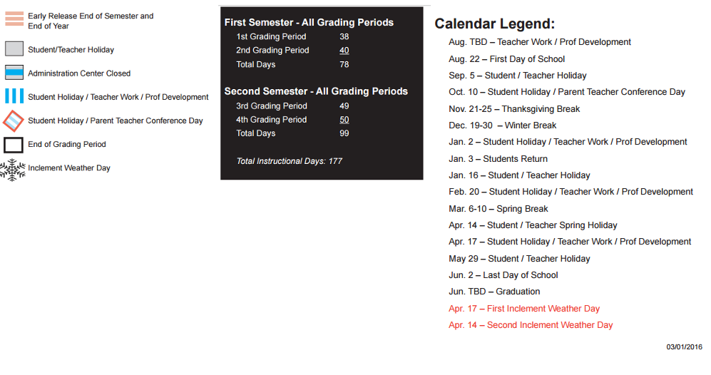 District School Academic Calendar Key for E-school