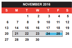 District School Academic Calendar for Itinerant Sp Ed for November 2016