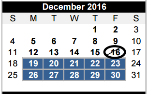 District School Academic Calendar for Lee Elementary for December 2016