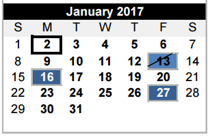 District School Academic Calendar for Memorial 7th 8th 9th Grade Center for January 2017