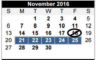 District School Academic Calendar for Memorial 7th 8th 9th Grade Center for November 2016