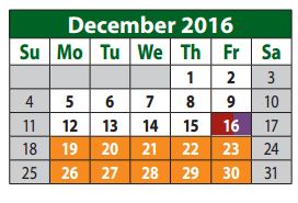 District School Academic Calendar for Judy Rucker Elementary for December 2016