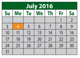 District School Academic Calendar for Plano Alternative School for July 2016